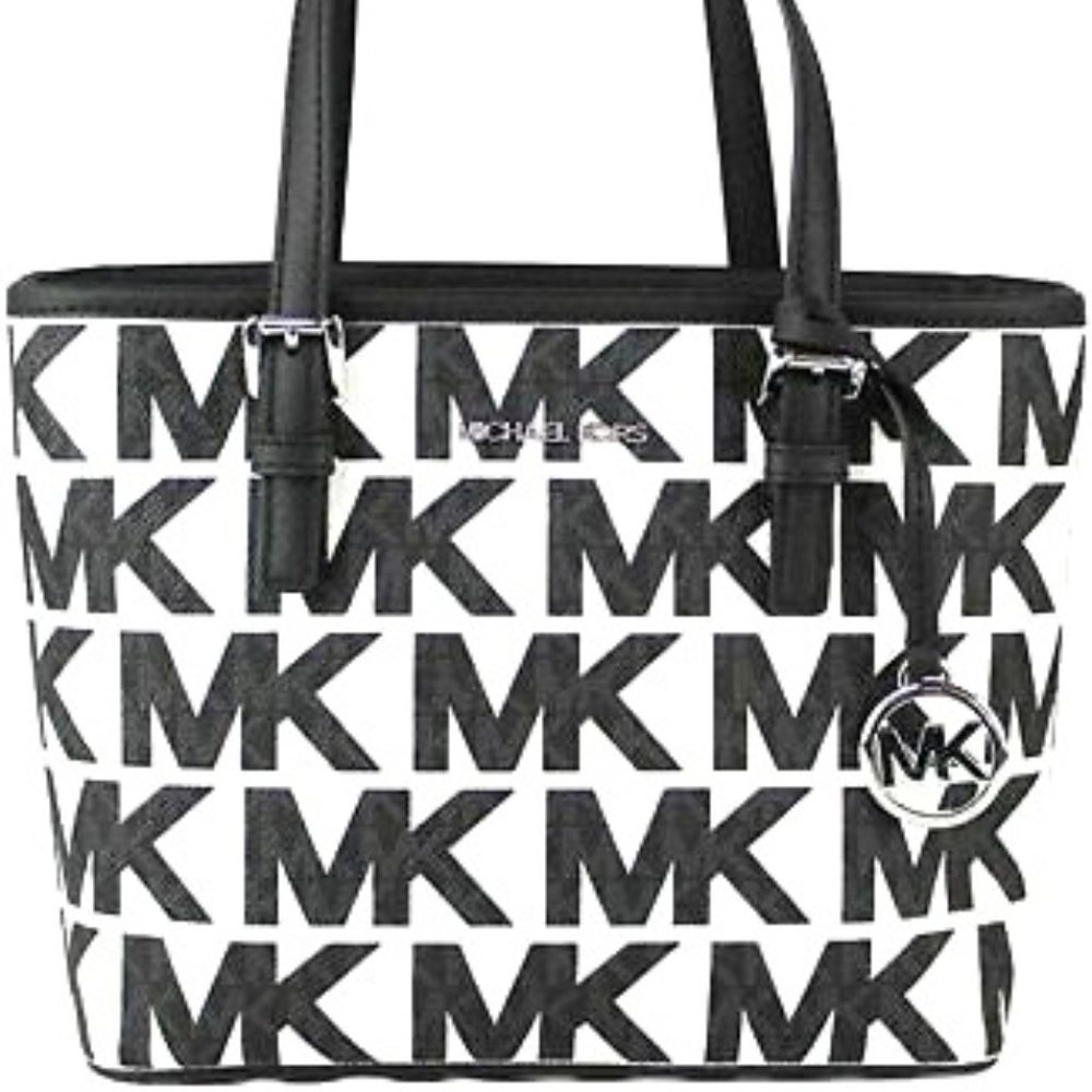 NWT Michael Kors Jet Set MK Optic Crossbody Handbag Tote Leather Black White